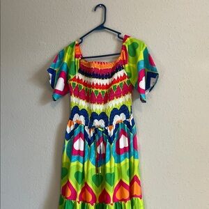 Bright Multicolor Heart Print Smocked Midi Dress